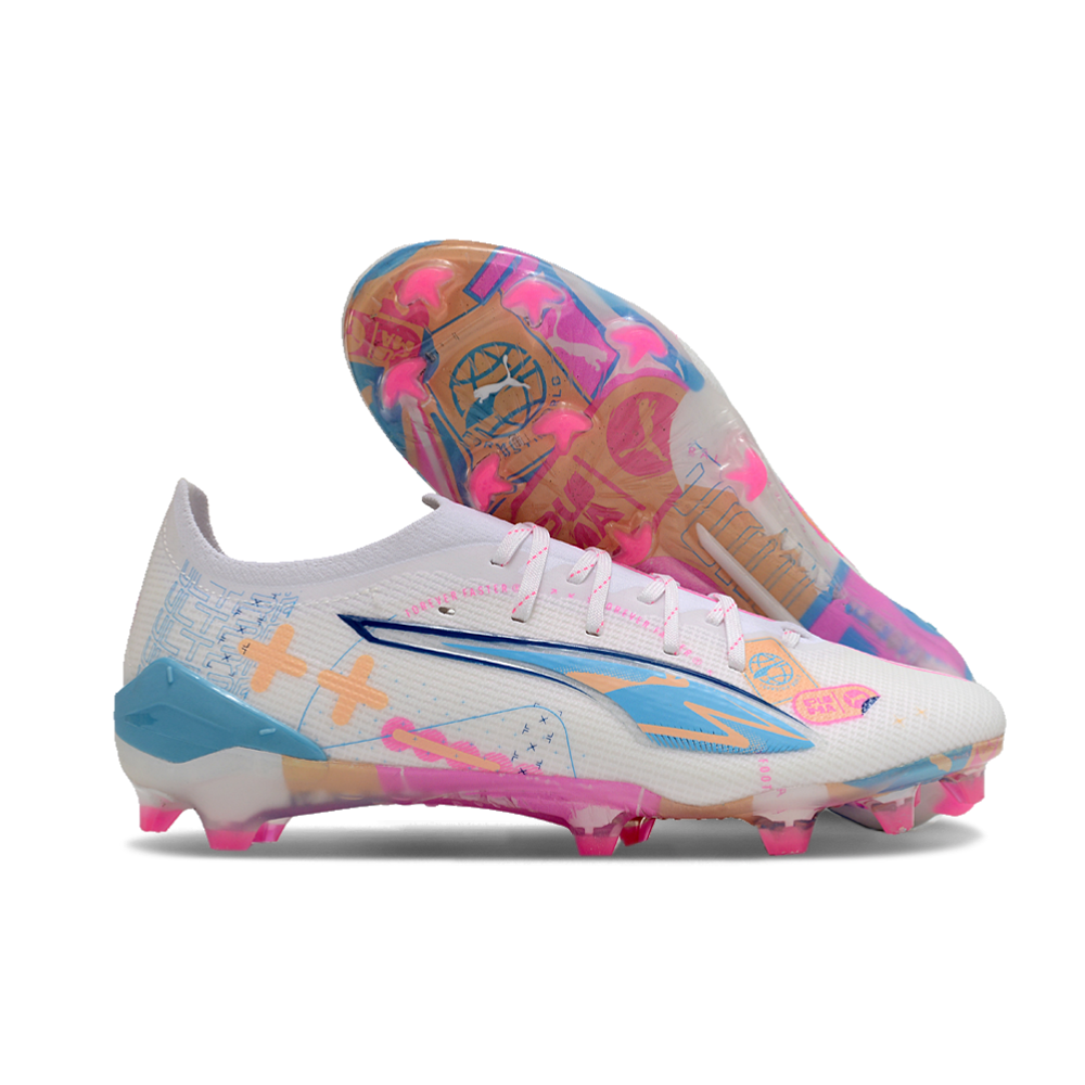 Chuteira Campo Puma Ultra 5 Ultimate FG Branca, Azul e Rosa 