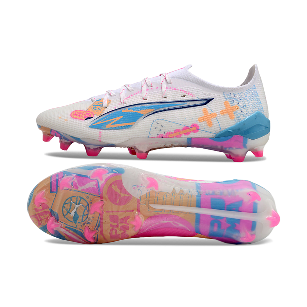 Chuteira Campo Puma Ultra 5 Ultimate FG Branca, Azul e Rosa 