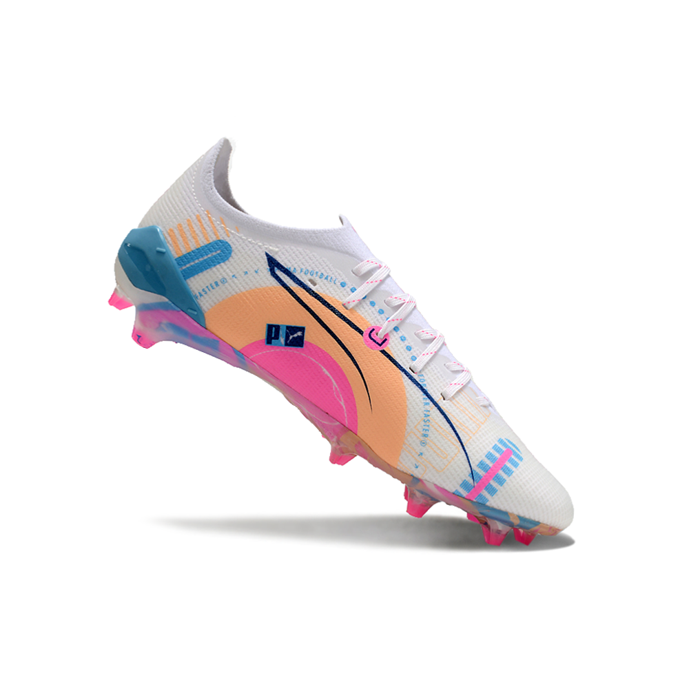 Chuteira Campo Puma Ultra 5 Ultimate FG Branca, Azul e Rosa 