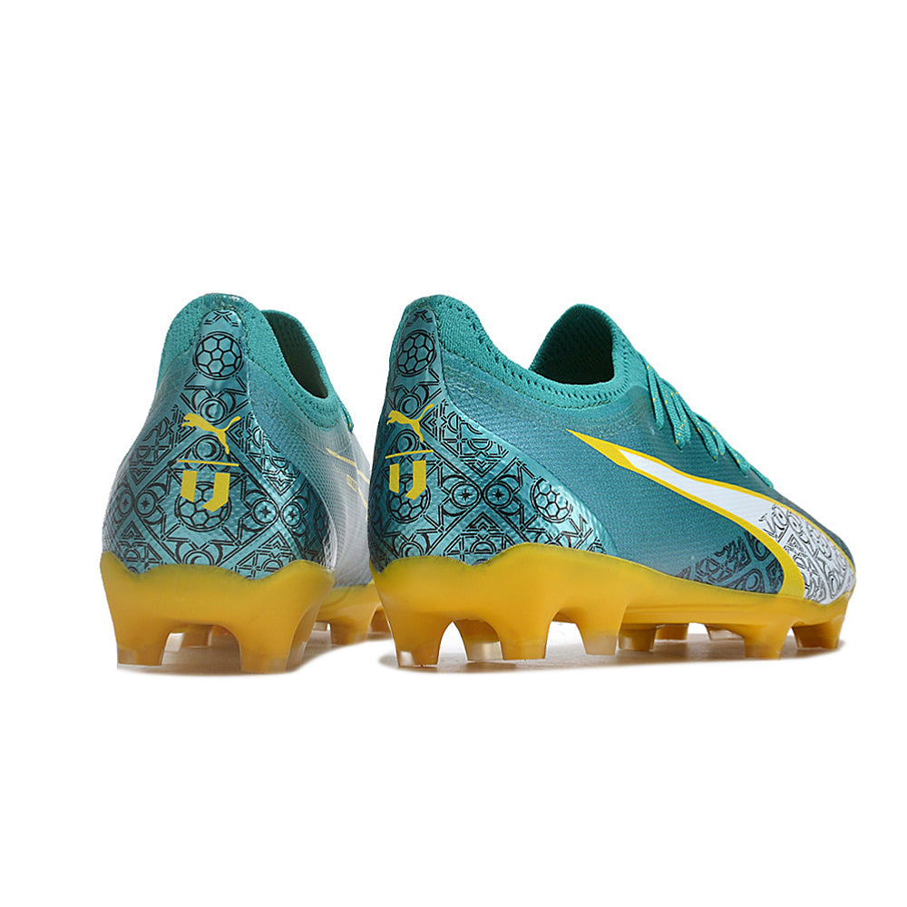 Chuteira Campo Puma Ultra Ultimate FG Azul e Amarela 