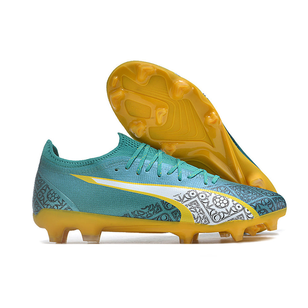 Chuteira Campo Puma Ultra Ultimate FG Azul e Amarela 