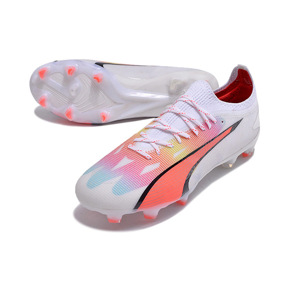 Chuteira Campo Puma Ultra Ultimate FG Branca e Vermelha 