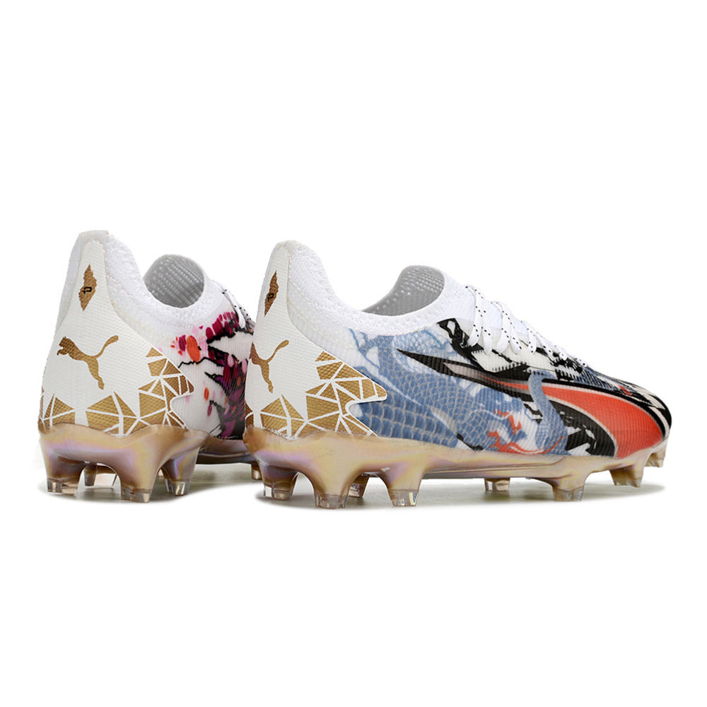Chuteira Campo Puma Ultra Ultimate FG Branca, Azul e Rosa 