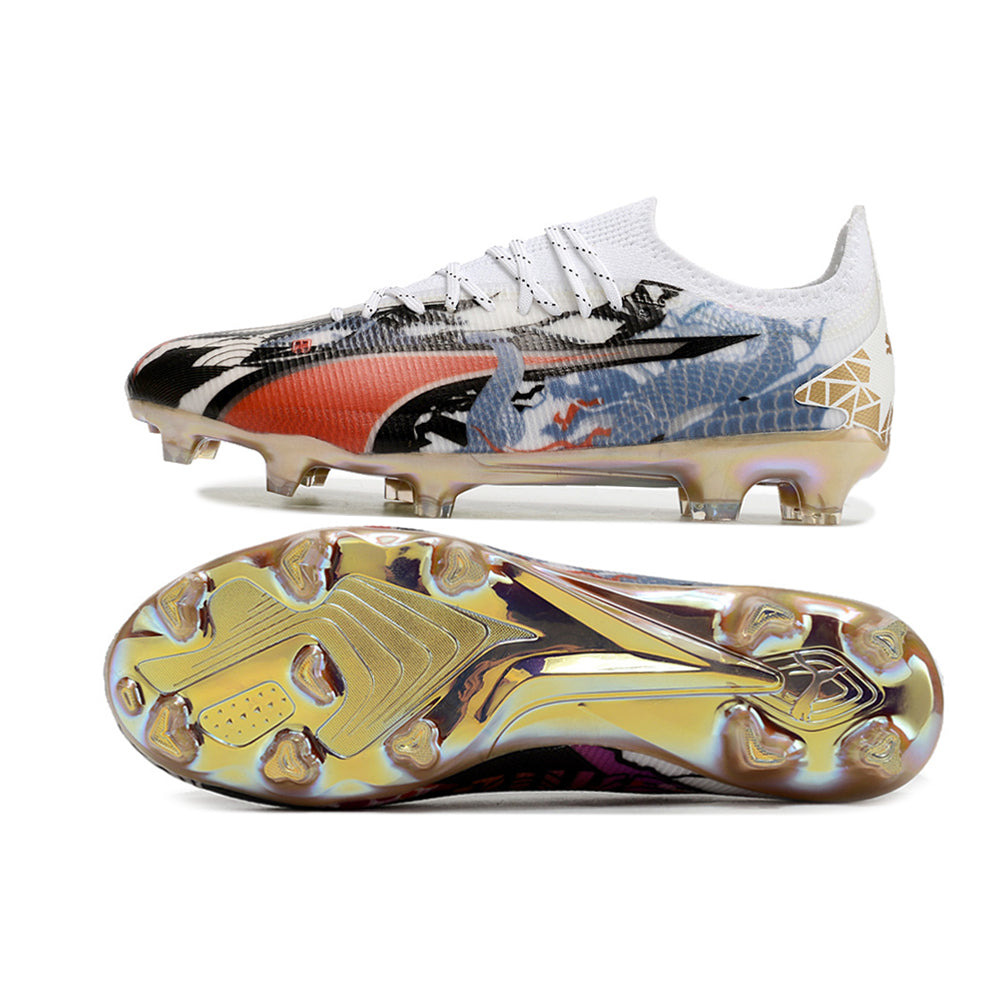 Chuteira Campo Puma Ultra Ultimate FG Branca, Azul e Rosa 