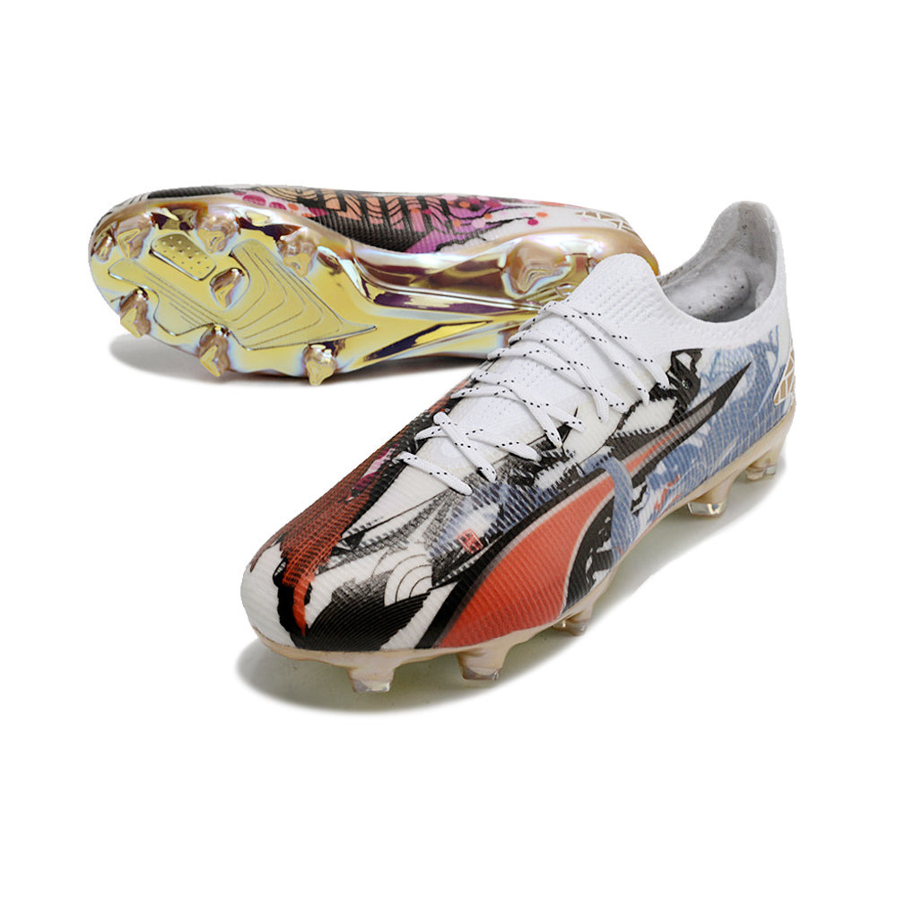 Chuteira Campo Puma Ultra Ultimate FG Branca, Azul e Rosa 