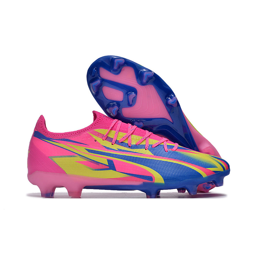 Chuteira Campo Puma Ultra Ultimate FG Rosa, Azul e Amarelo 