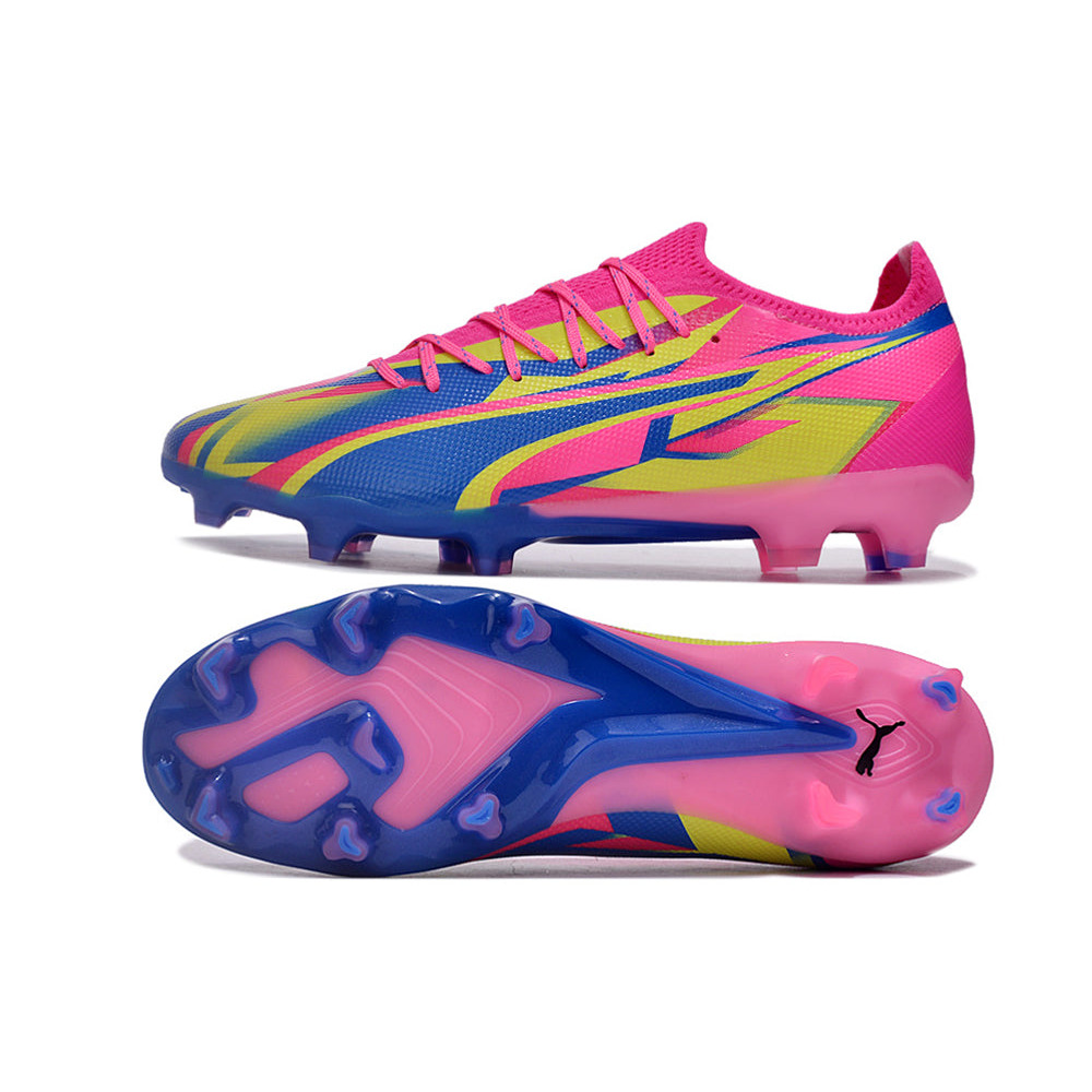 Chuteira Campo Puma Ultra Ultimate FG Rosa, Azul e Amarelo 