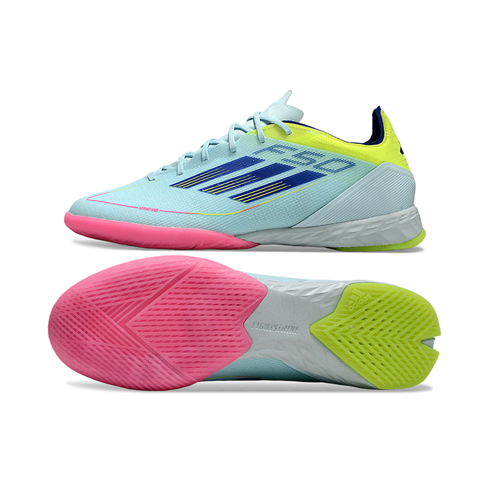 Chuteira Futsal Adidas F50 IC Azul, Rosa e Amarelo 