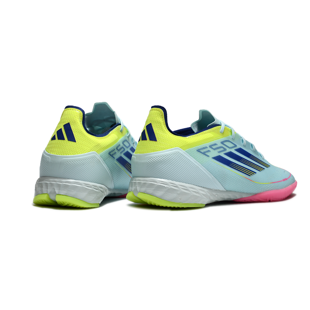 Chuteira Futsal Adidas F50 IC Azul, Rosa e Amarelo 