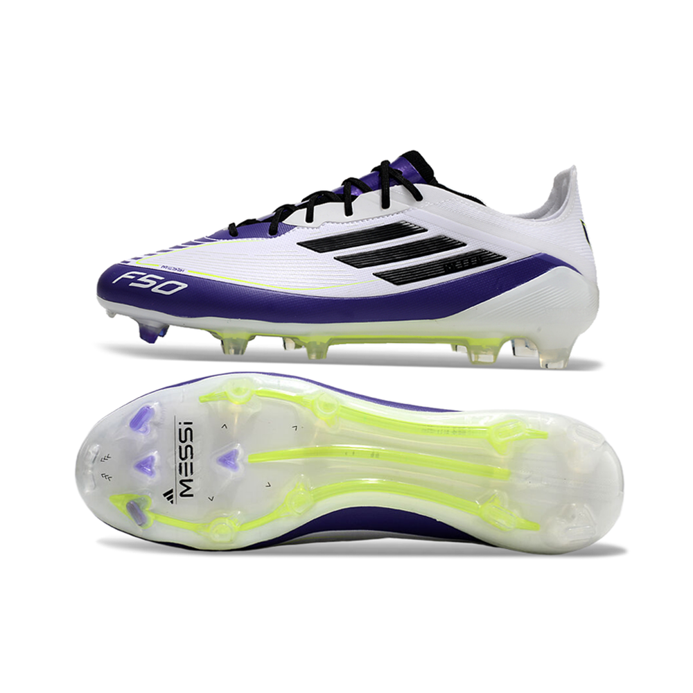 Chuteira Campo Adidas F50 FG Messi Branca, Roxa e Verde 