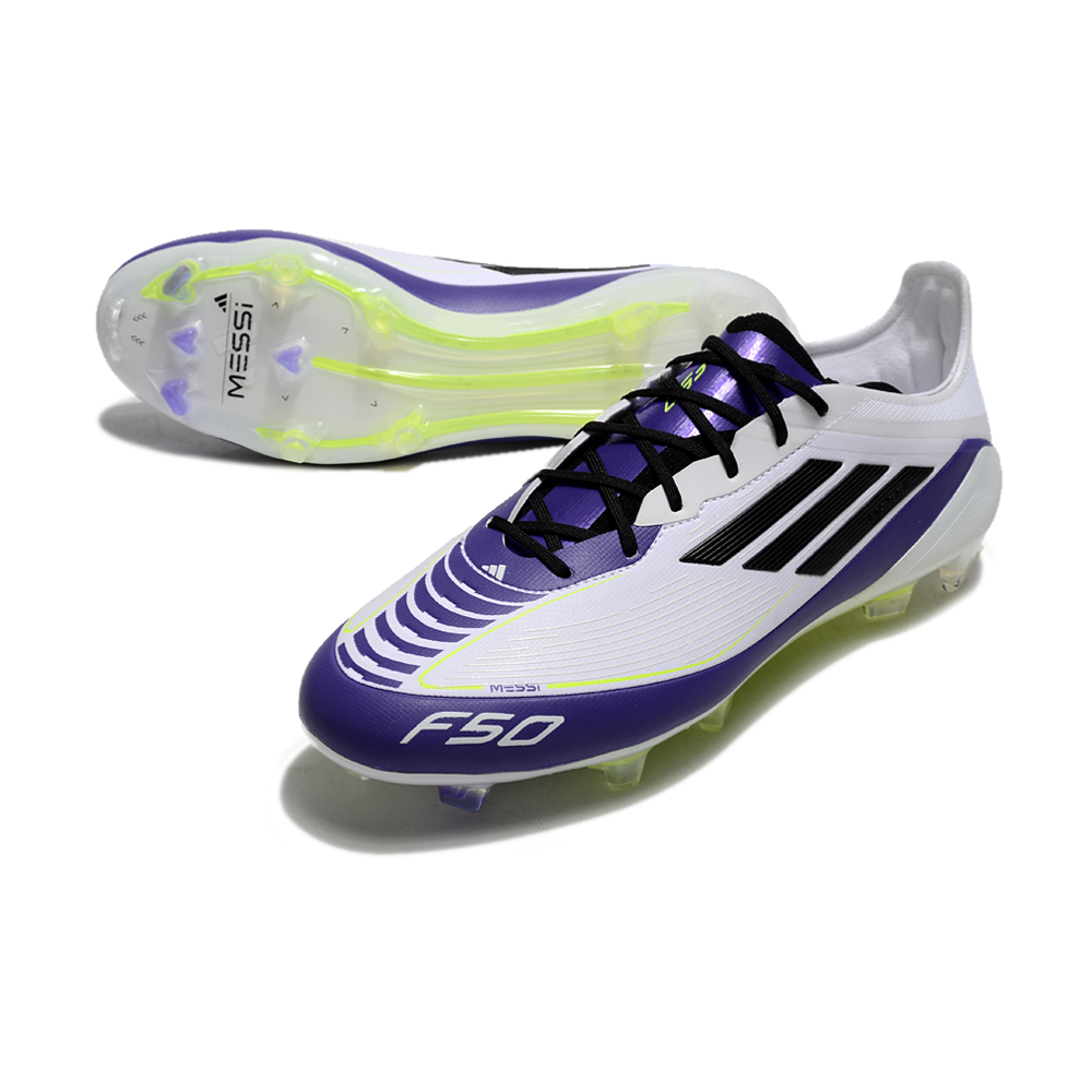 Chuteira Campo Adidas F50 FG Messi Branca, Roxa e Verde 