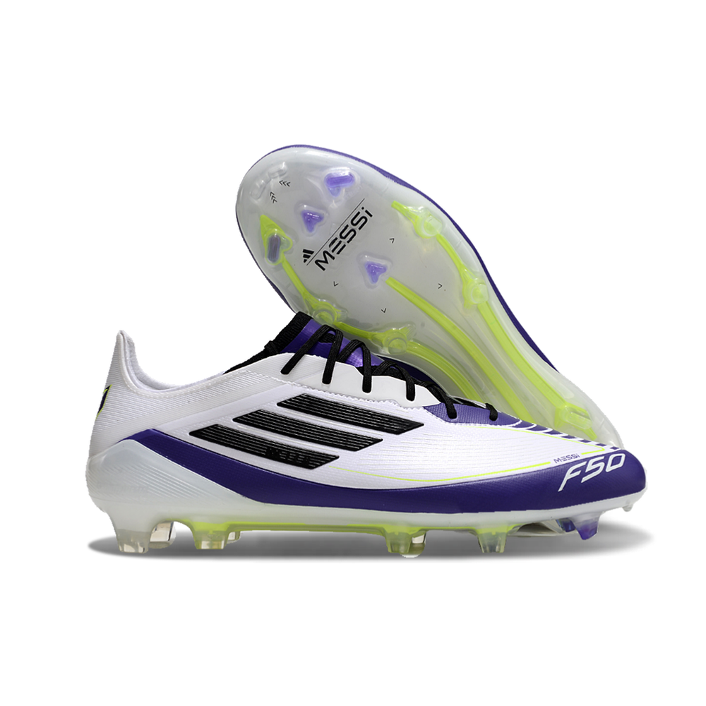 Chuteira Campo Adidas F50 FG Messi Branca, Roxa e Verde 
