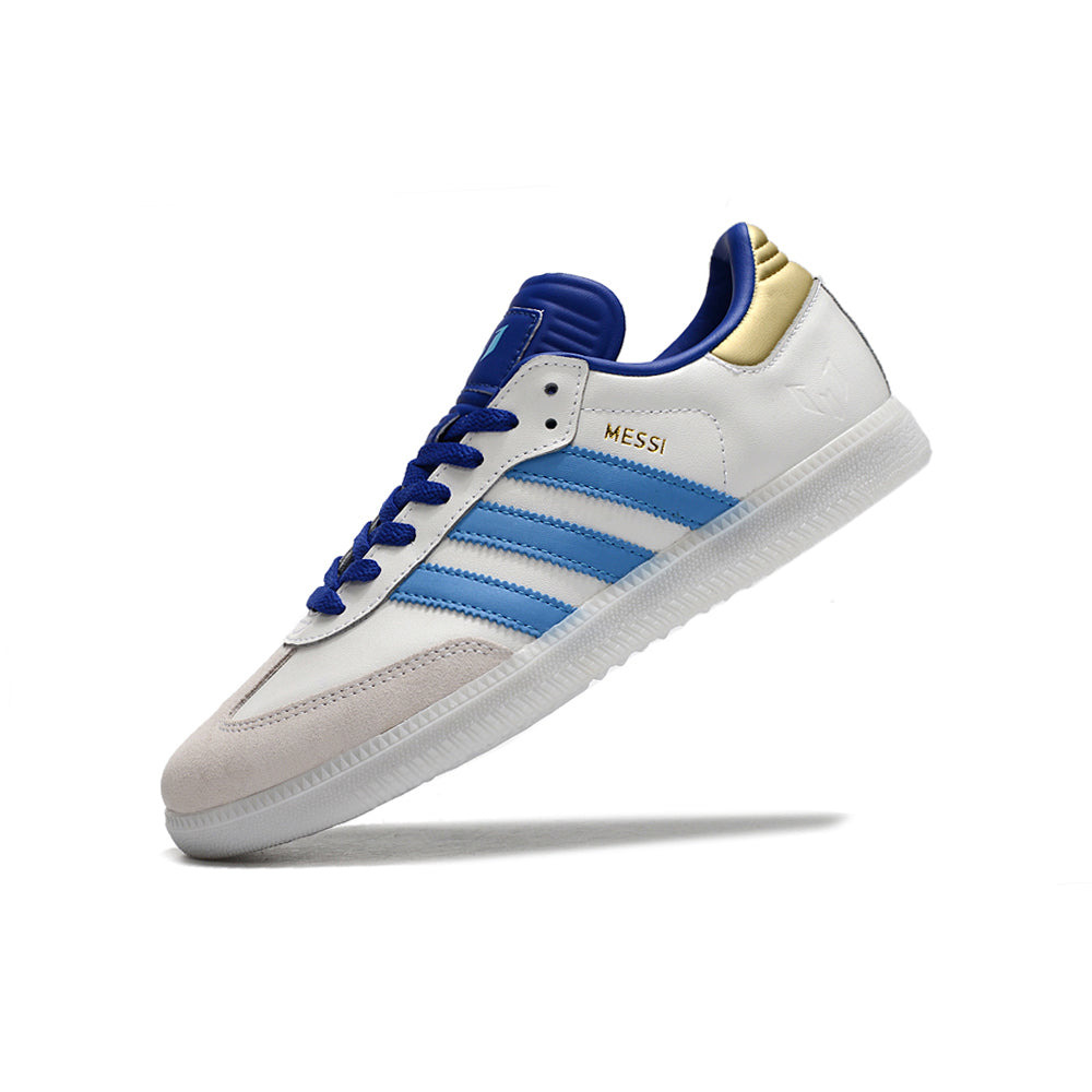 Chuteira Futsal Adidas Lionel Messi x Samba IC Branco, Azul e Dourado