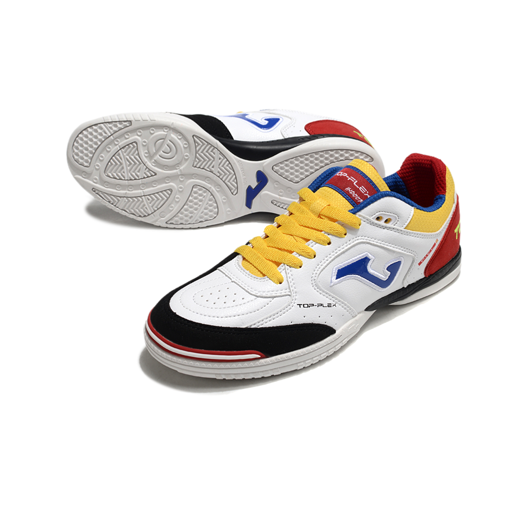Chuteira Futsal Joma Top Flex Rebound IC Branca, Amarelo, Azul e Vermelho