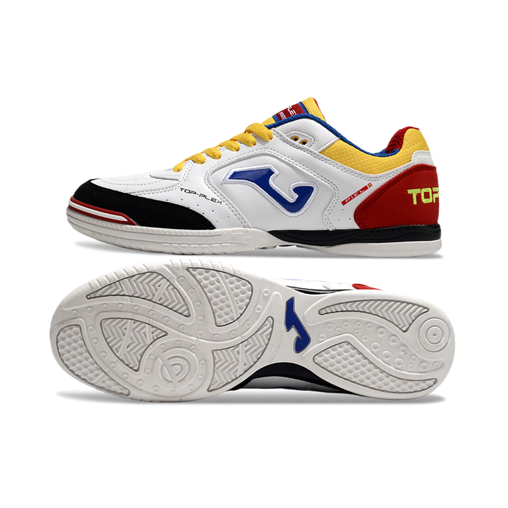 Chuteira Futsal Joma Top Flex Rebound IC Branca, Amarelo, Azul e Vermelho