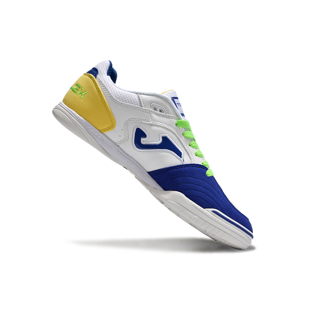 Chuteira Futsal Joma Top Flex Rebound IC Branca, Azul, Verde e Amarelo