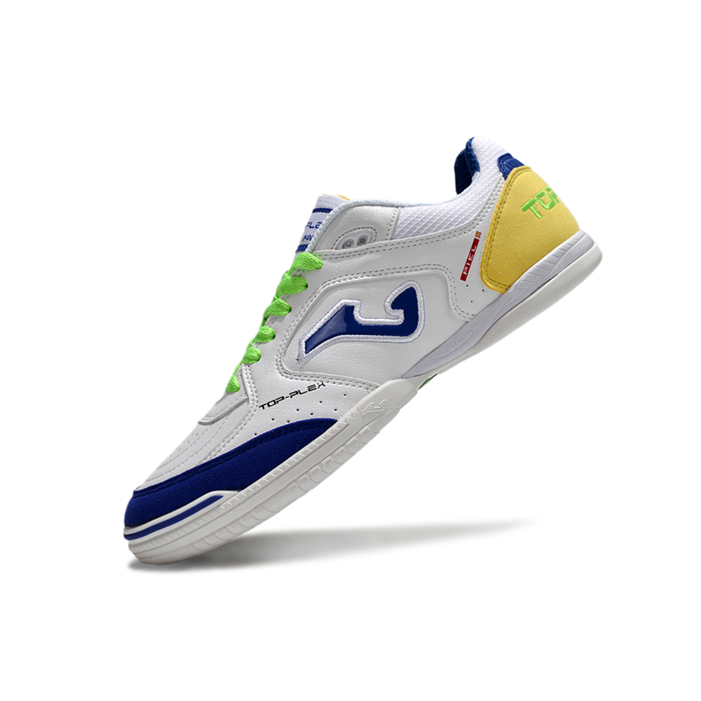 Chuteira Futsal Joma Top Flex Rebound IC Branca, Azul, Verde e Amarelo