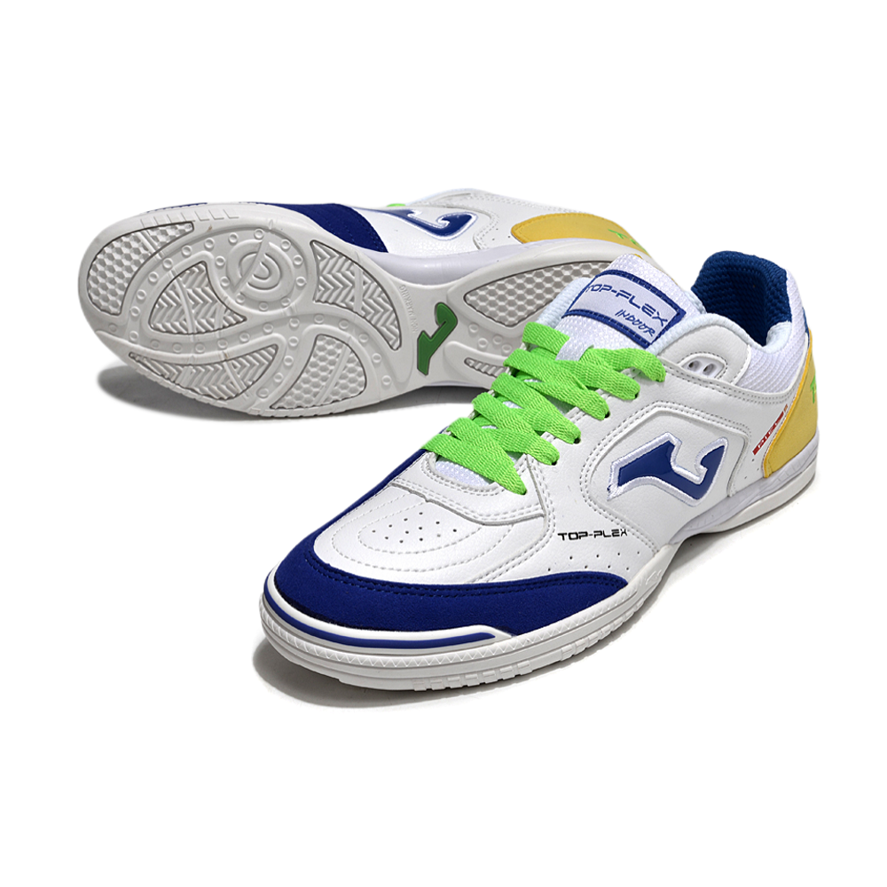 Chuteira Futsal Joma Top Flex Rebound IC Branca, Azul, Verde e Amarelo