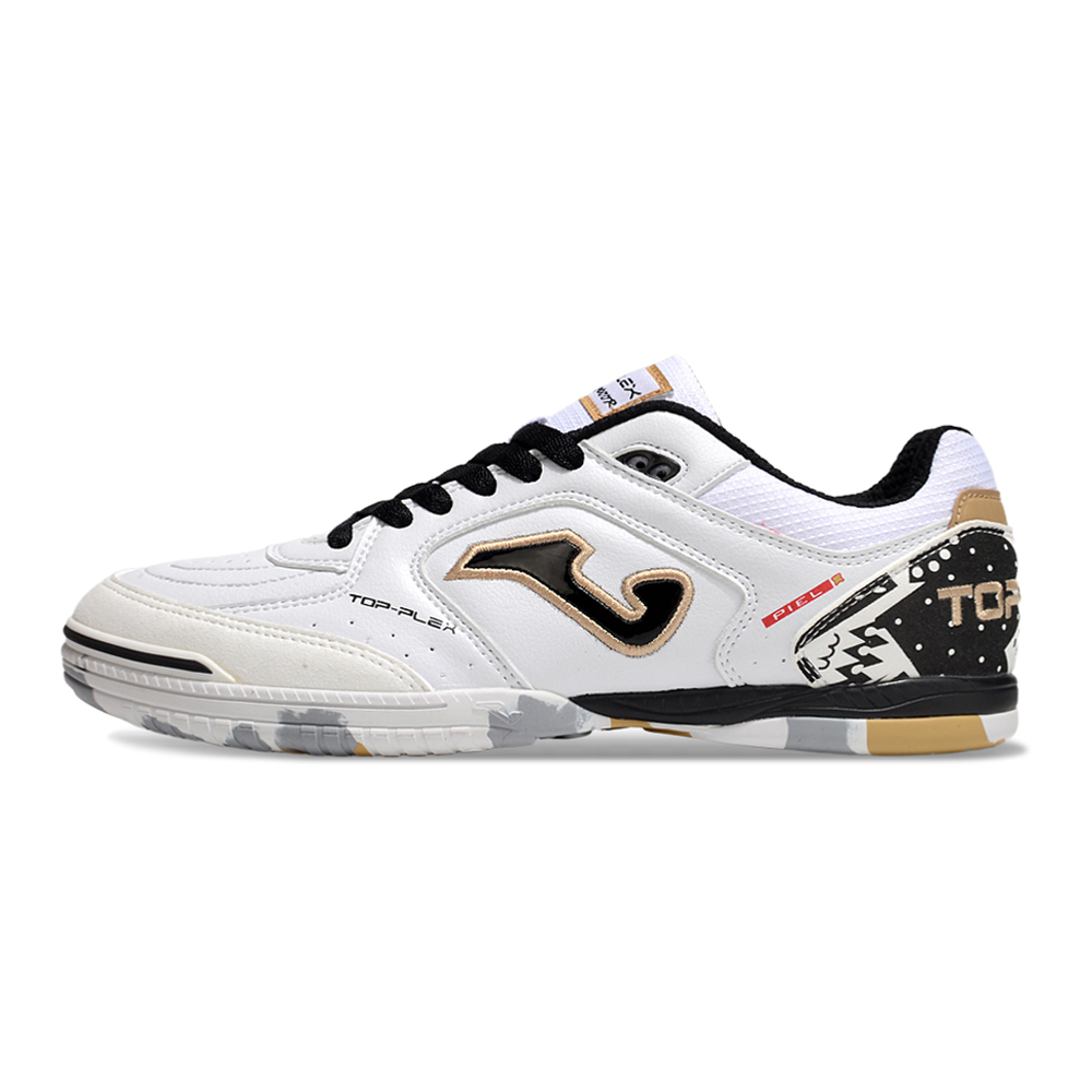 Chuteira Futsal Joma Top Flex Rebound IC Branca, Preto e Dourado