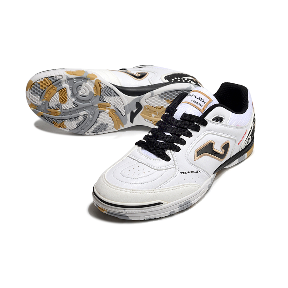 Chuteira Futsal Joma Top Flex Rebound IC Branca, Preto e Dourado