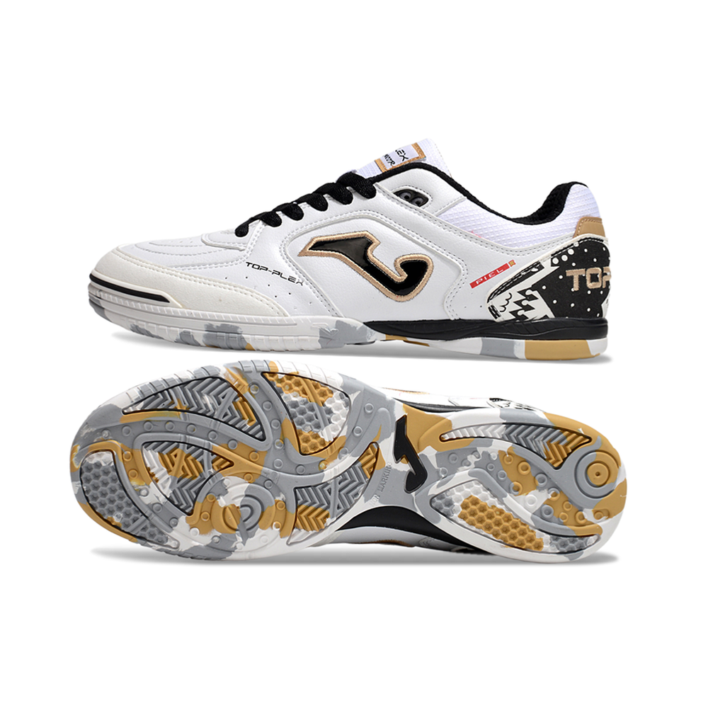Chuteira Futsal Joma Top Flex Rebound IC Branca, Preto e Dourado