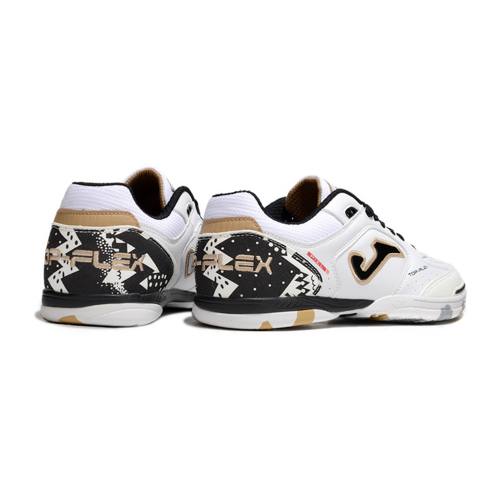 Chuteira Futsal Joma Top Flex Rebound IC Branca, Preto e Dourado