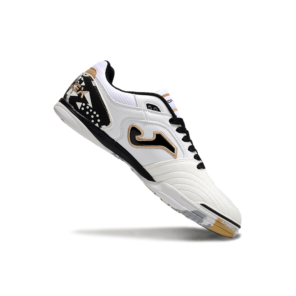 Chuteira Futsal Joma Top Flex Rebound IC Branca, Preto e Dourado