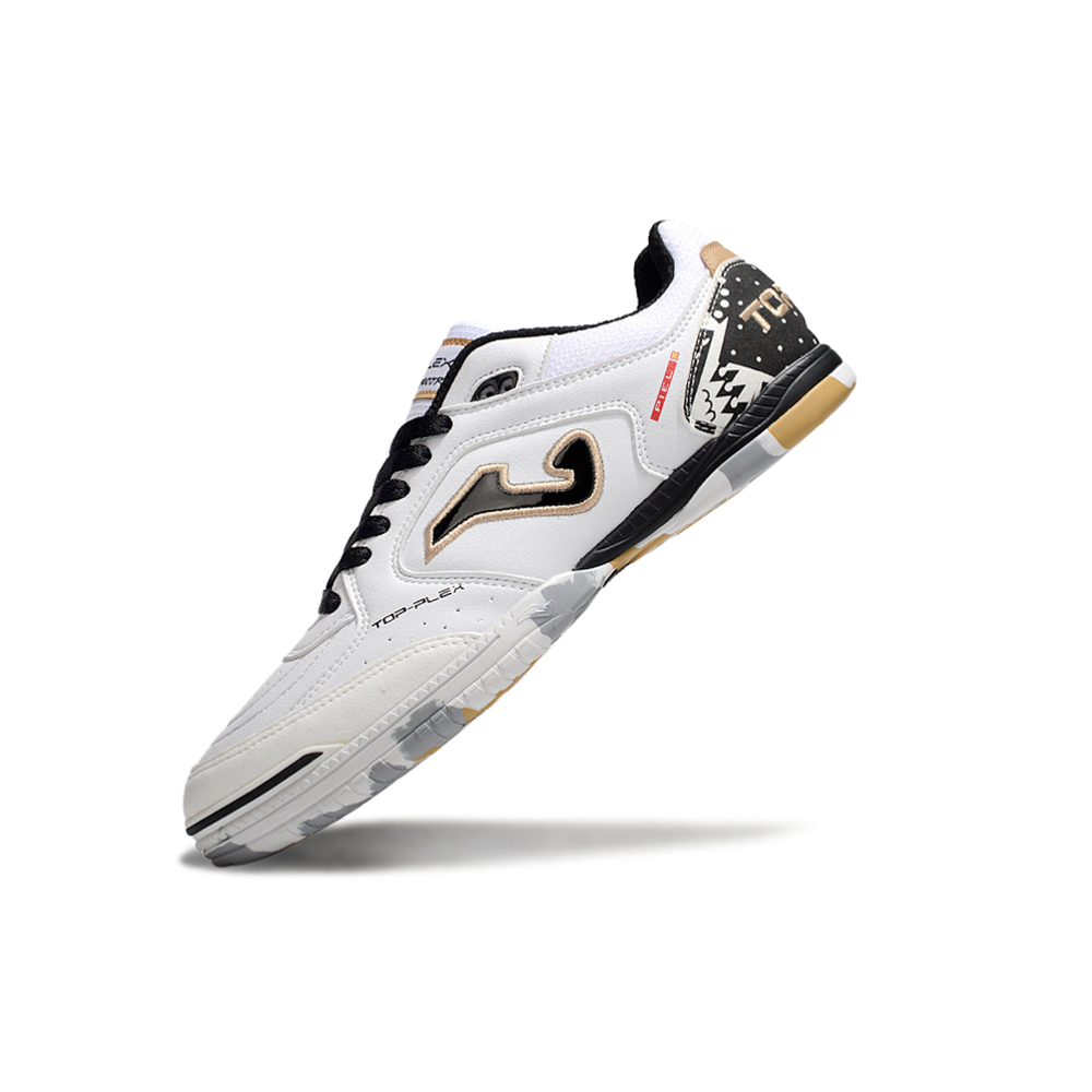Chuteira Futsal Joma Top Flex Rebound IC Branca, Preto e Dourado