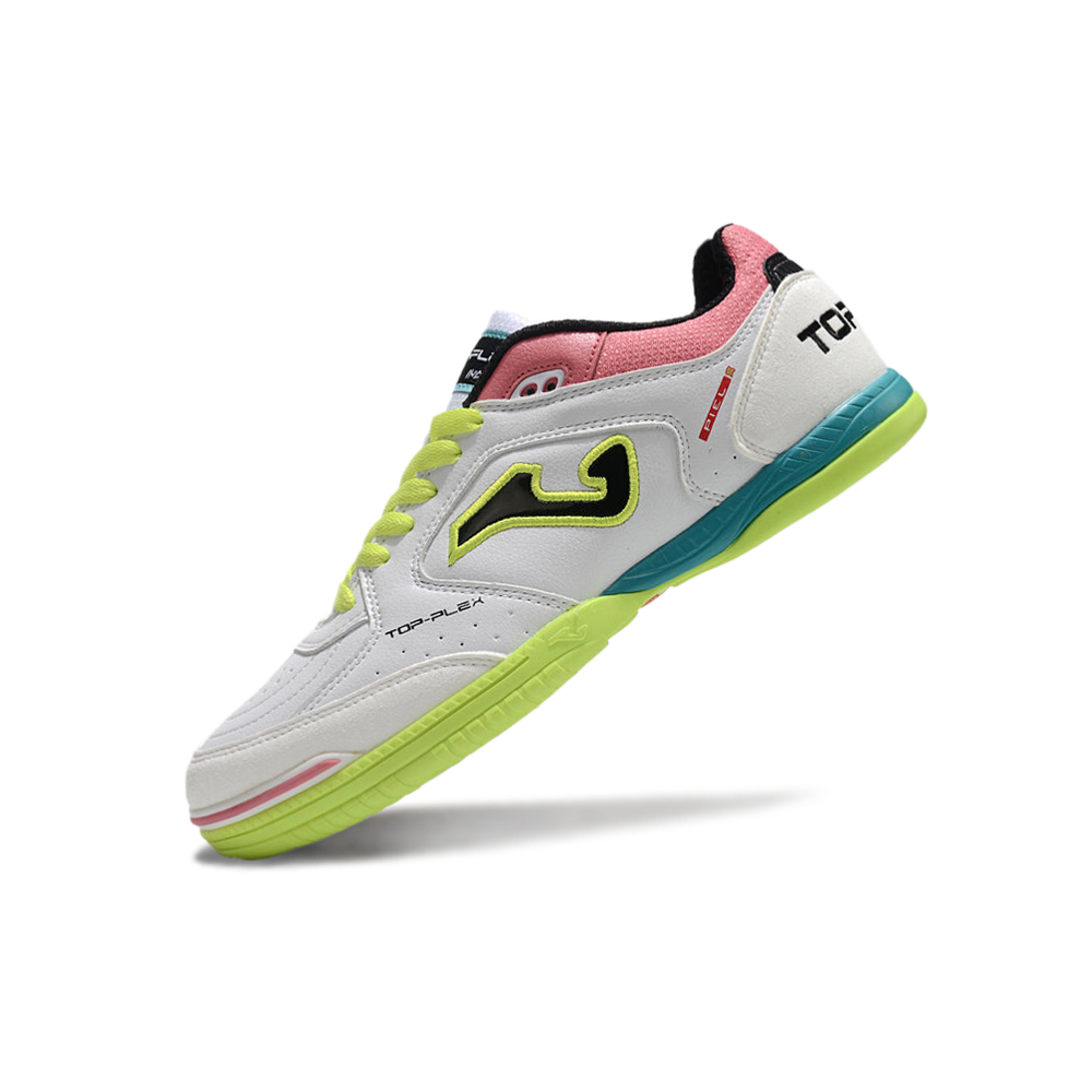 Chuteira Futsal Joma Top Flex Rebound IC Branca, Verde, Rosa e Azul
