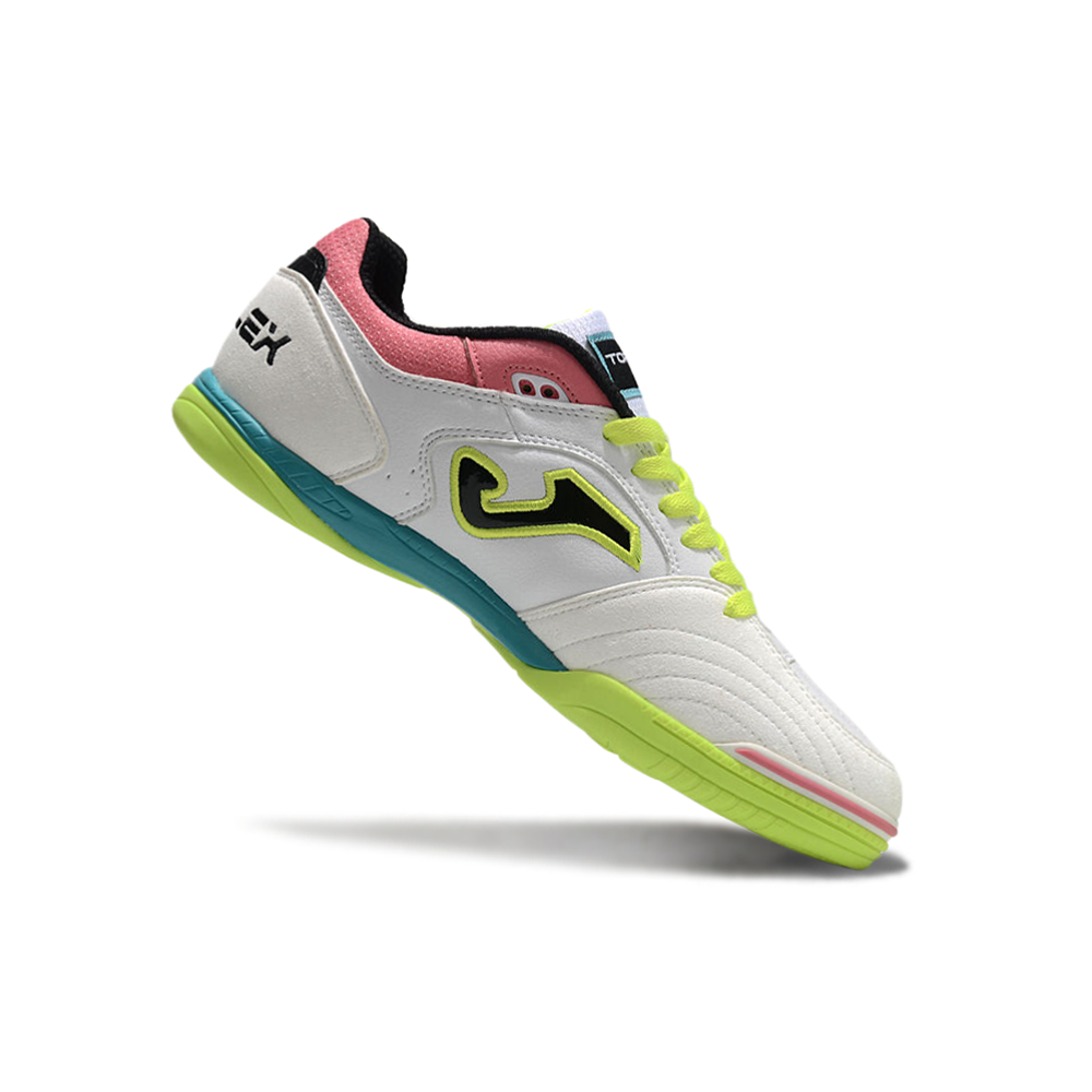 Chuteira Futsal Joma Top Flex Rebound IC Branca, Verde, Rosa e Azul