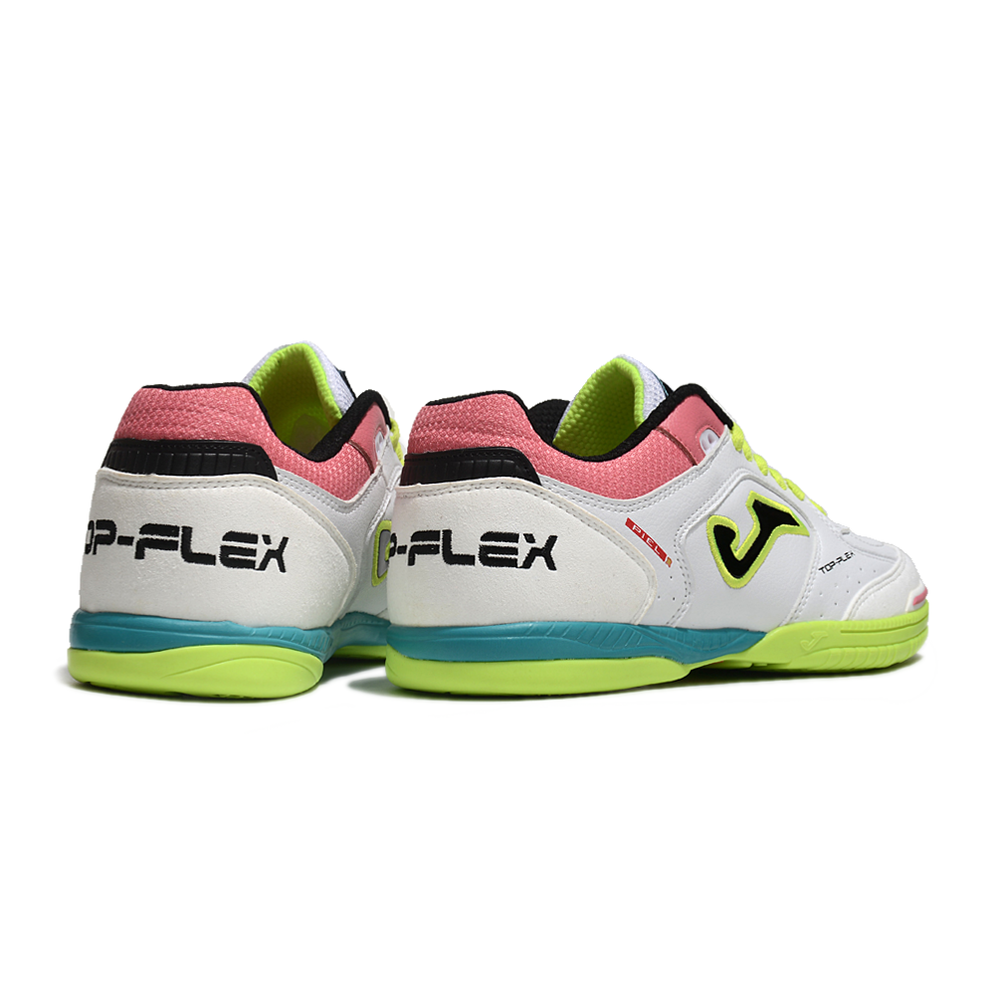 Chuteira Futsal Joma Top Flex Rebound IC Branca, Verde, Rosa e Azul
