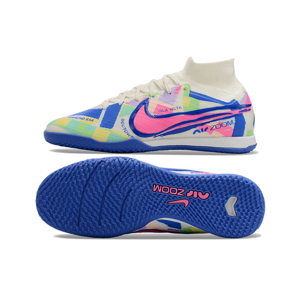 Chuteira Futsal Nike Air Zoom Mercurial Superfly 9 Elite IC Branca, Azul e Rosa 