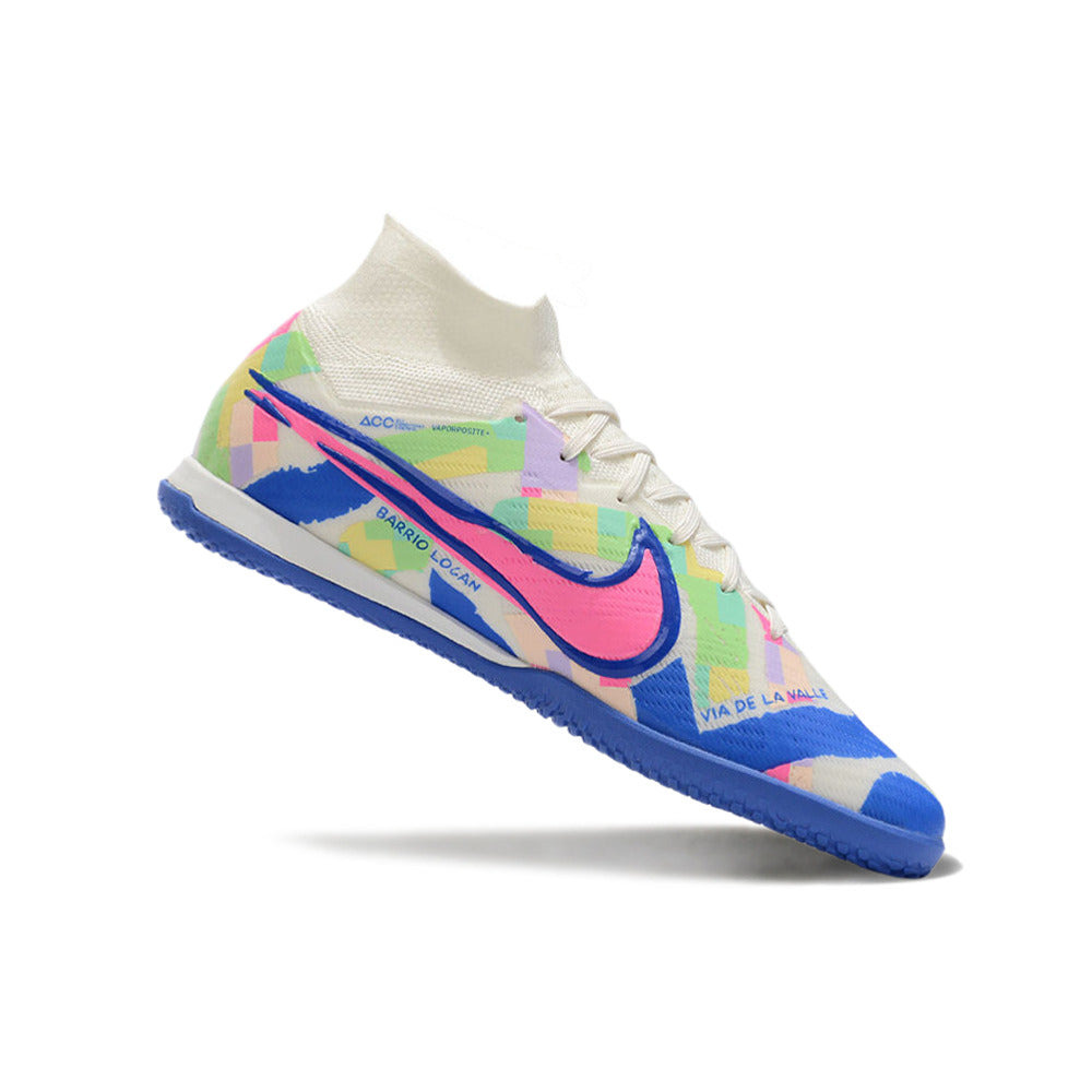 Chuteira Futsal Nike Air Zoom Mercurial Superfly 9 Elite IC Branca, Azul e Rosa 