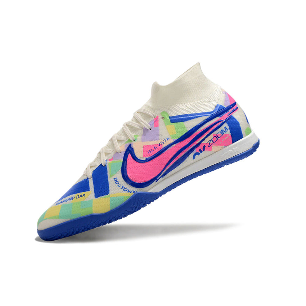 Chuteira Futsal Nike Air Zoom Mercurial Superfly 9 Elite IC Branca, Azul e Rosa 