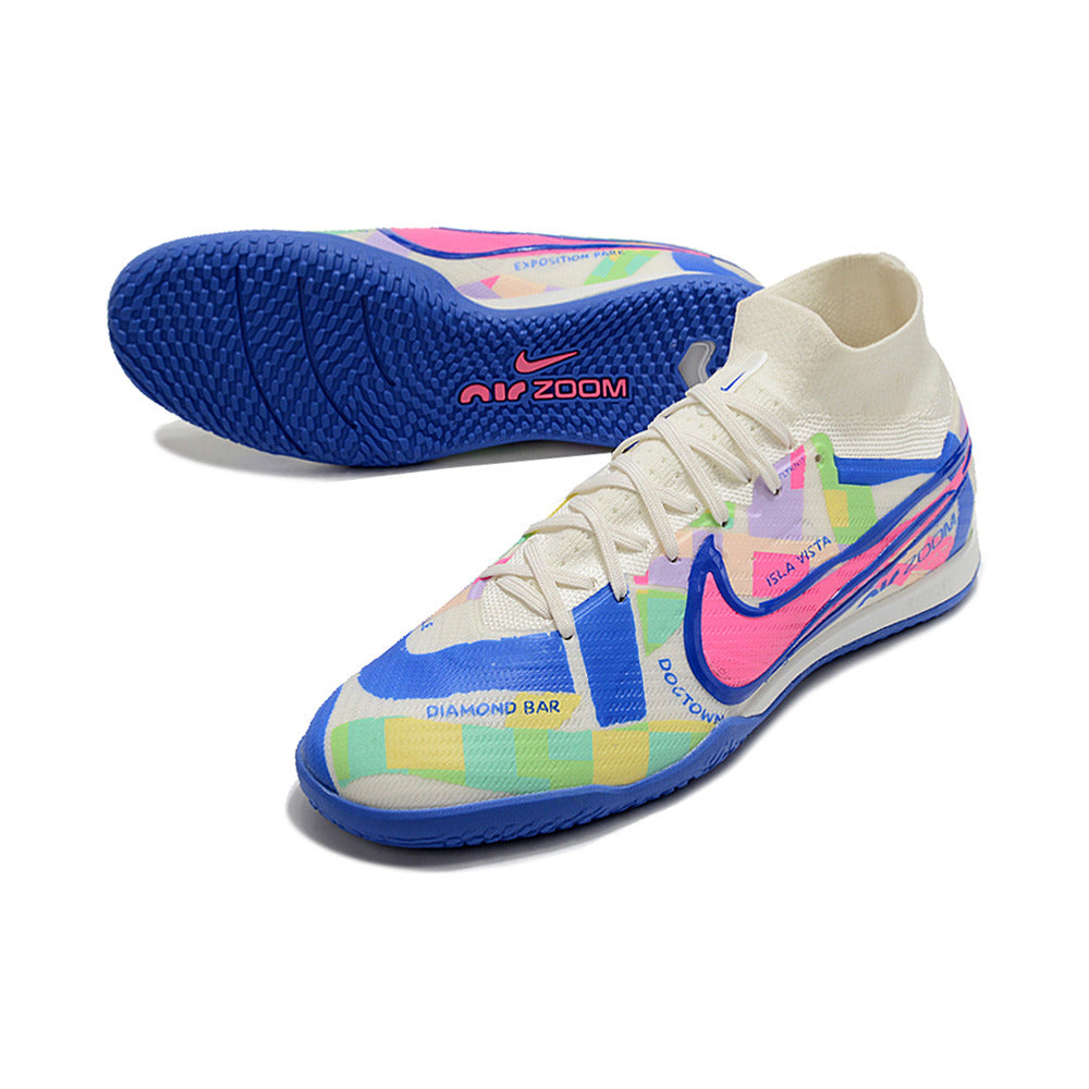 Chuteira Futsal Nike Air Zoom Mercurial Superfly 9 Elite IC Branca, Azul e Rosa 