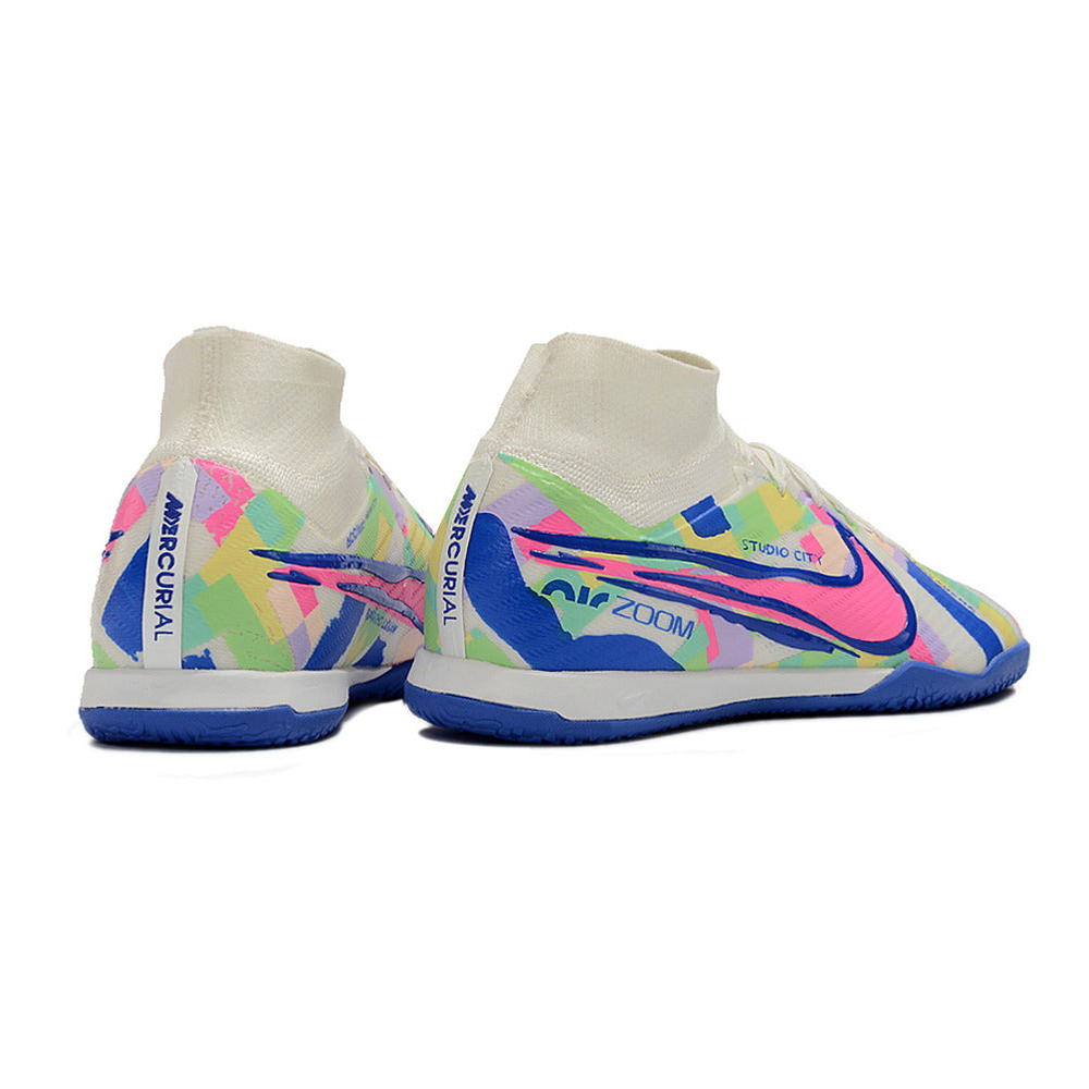 Chuteira Futsal Nike Air Zoom Mercurial Superfly 9 Elite IC Branca, Azul e Rosa 