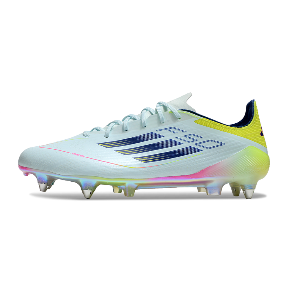 Chuteira Campo Adidas F50 Ponta de Aluminio Azul, Rosa e Amarelo 