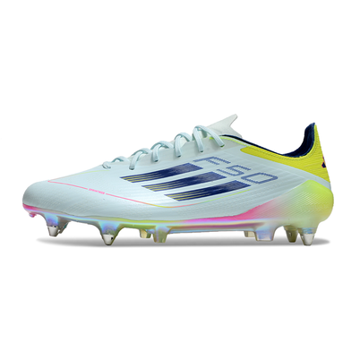 Chuteira Campo Adidas F50 Ponta de Aluminio Azul, Rosa e Amarelo 