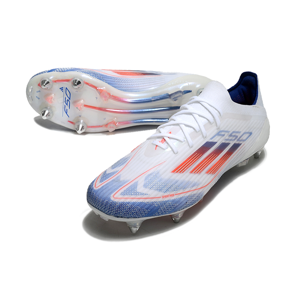 Chuteira Campo Adidas F50 Ponta de Aluminio Branca, Azul e Vermelha 