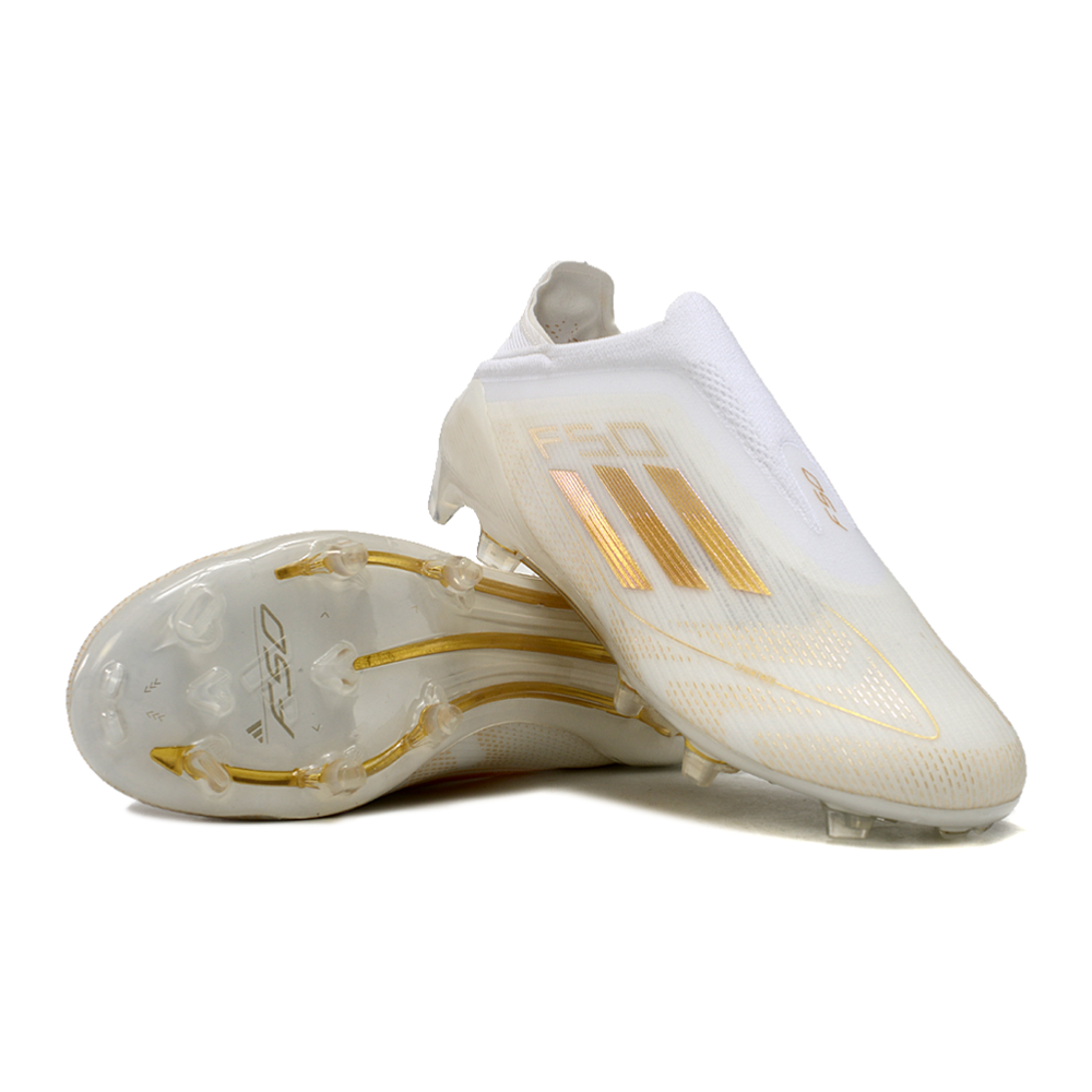 Chuteira Infantil Campo Adidas F50 TF Branca e Dourada 