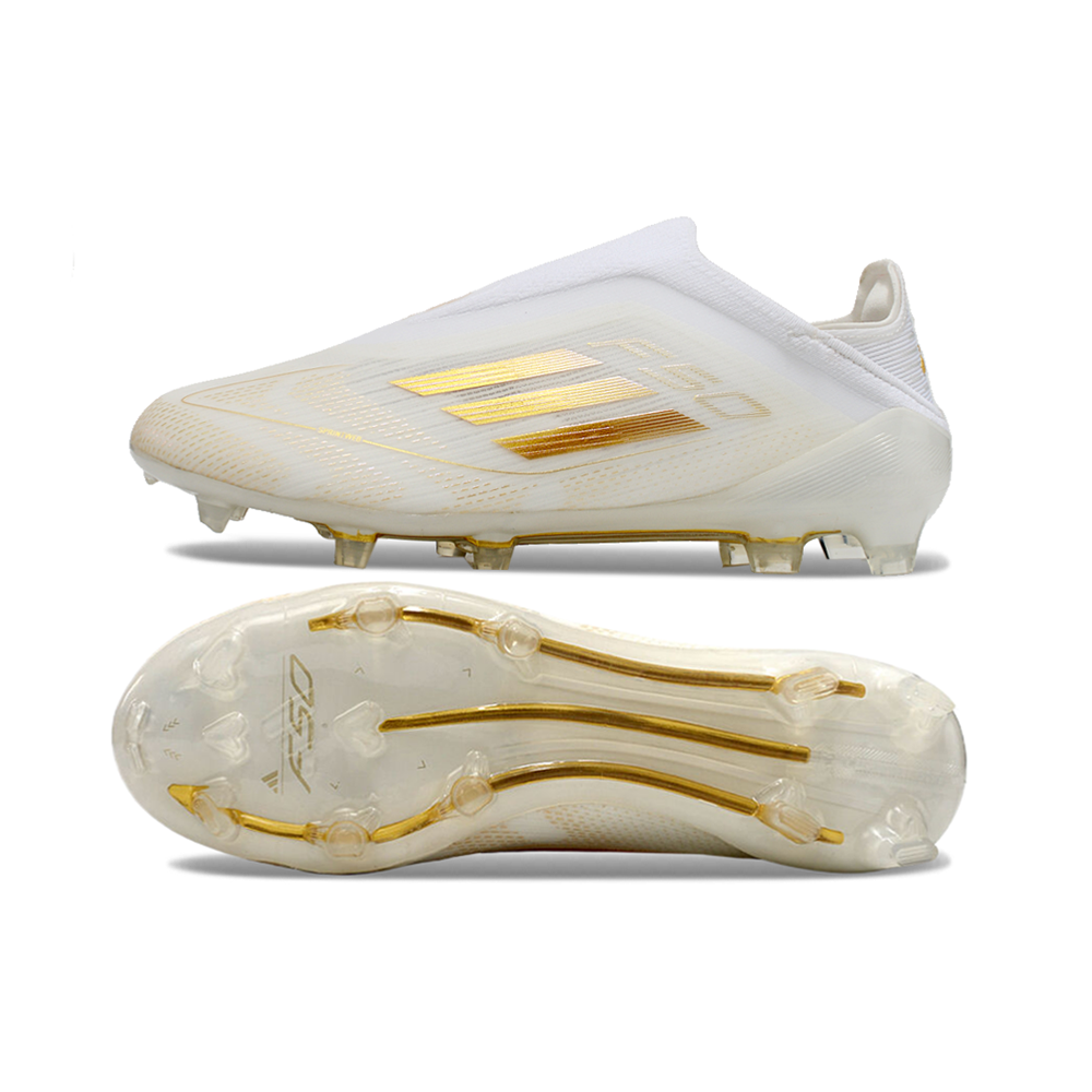Chuteira Infantil Campo Adidas F50 TF Branca e Dourada 