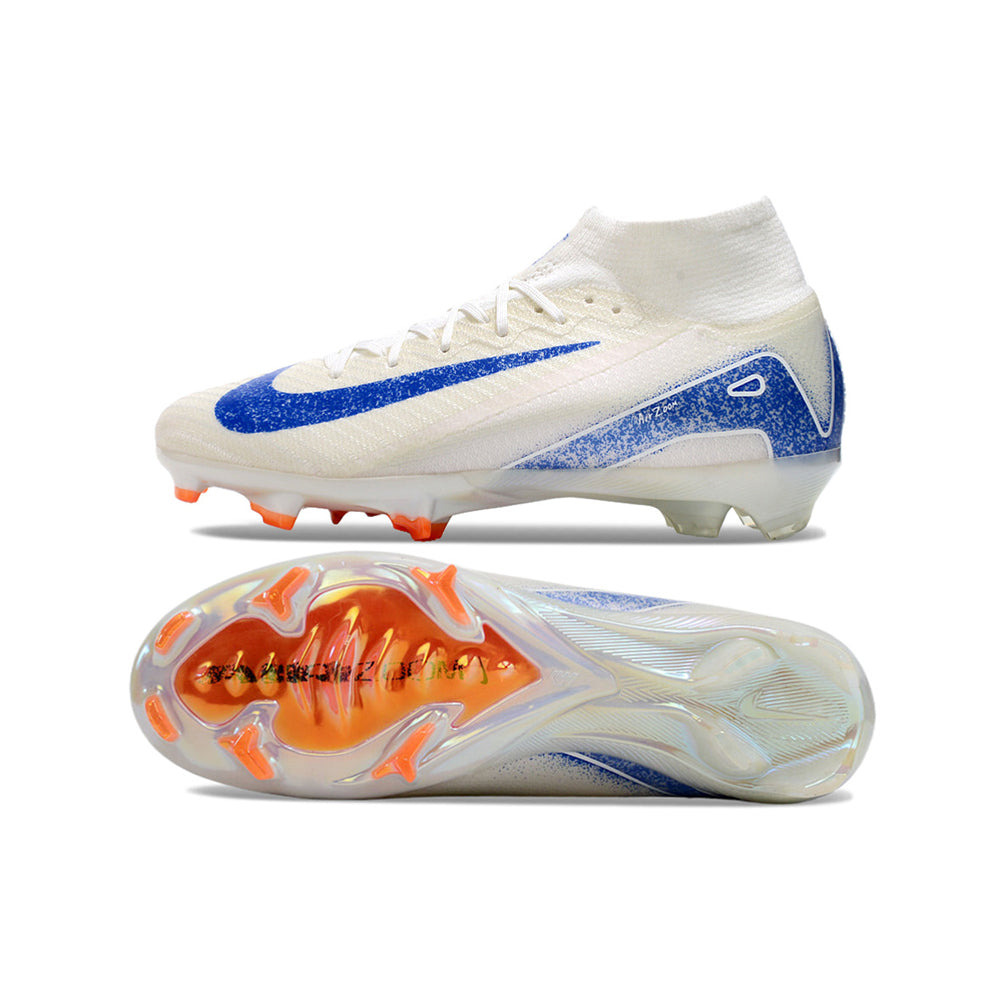 Chuteira Infantil Campo Nike Air Zoom Mercurial Superfly 10 Elite FG Branca, Azul e Laranja 