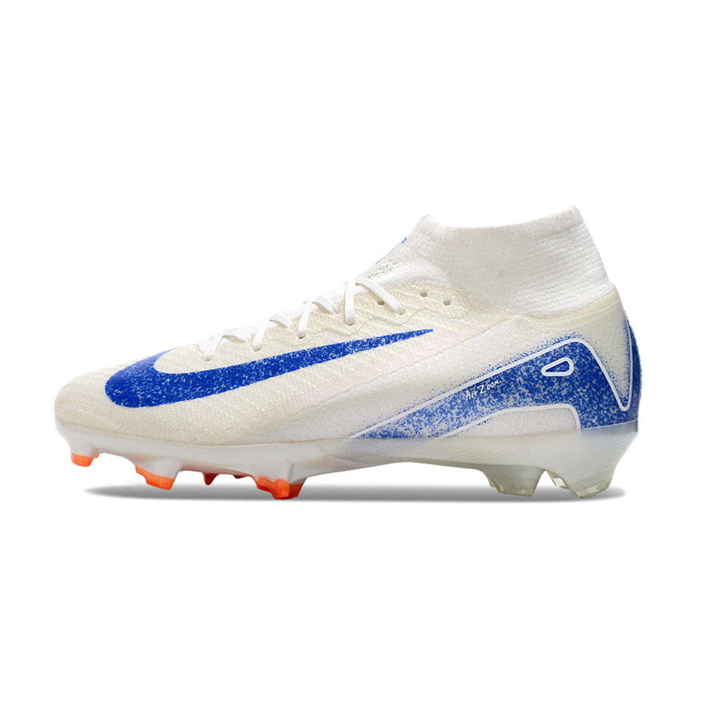 Chuteira Infantil Campo Nike Air Zoom Mercurial Superfly 10 Elite FG Branca, Azul e Laranja 