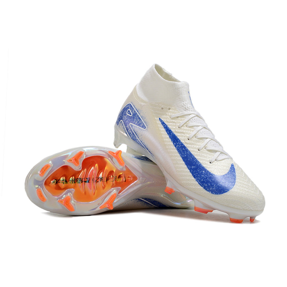 Chuteira Infantil Campo Nike Air Zoom Mercurial Superfly 10 Elite FG Branca, Azul e Laranja 