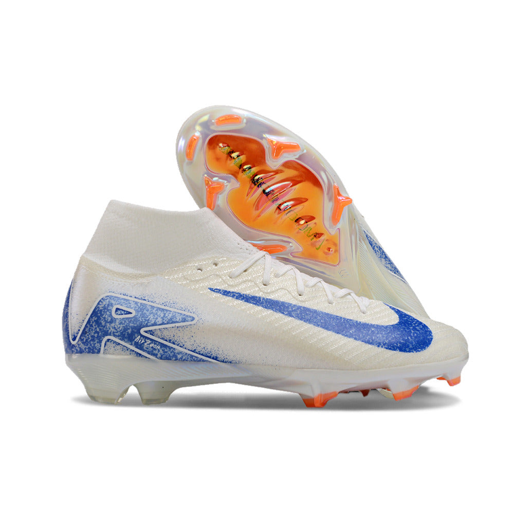 Chuteira Infantil Campo Nike Air Zoom Mercurial Superfly 10 Elite FG Branca, Azul e Laranja 