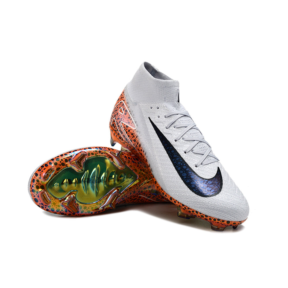 Chuteira Infantil Campo Nike Air Zoom Mercurial Superfly 10 Elite FG Branca, Laranja e Preto 