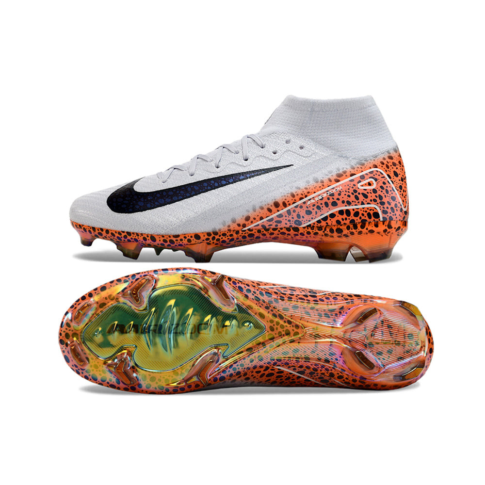 Chuteira Infantil Campo Nike Air Zoom Mercurial Superfly 10 Elite FG Branca, Laranja e Preto 