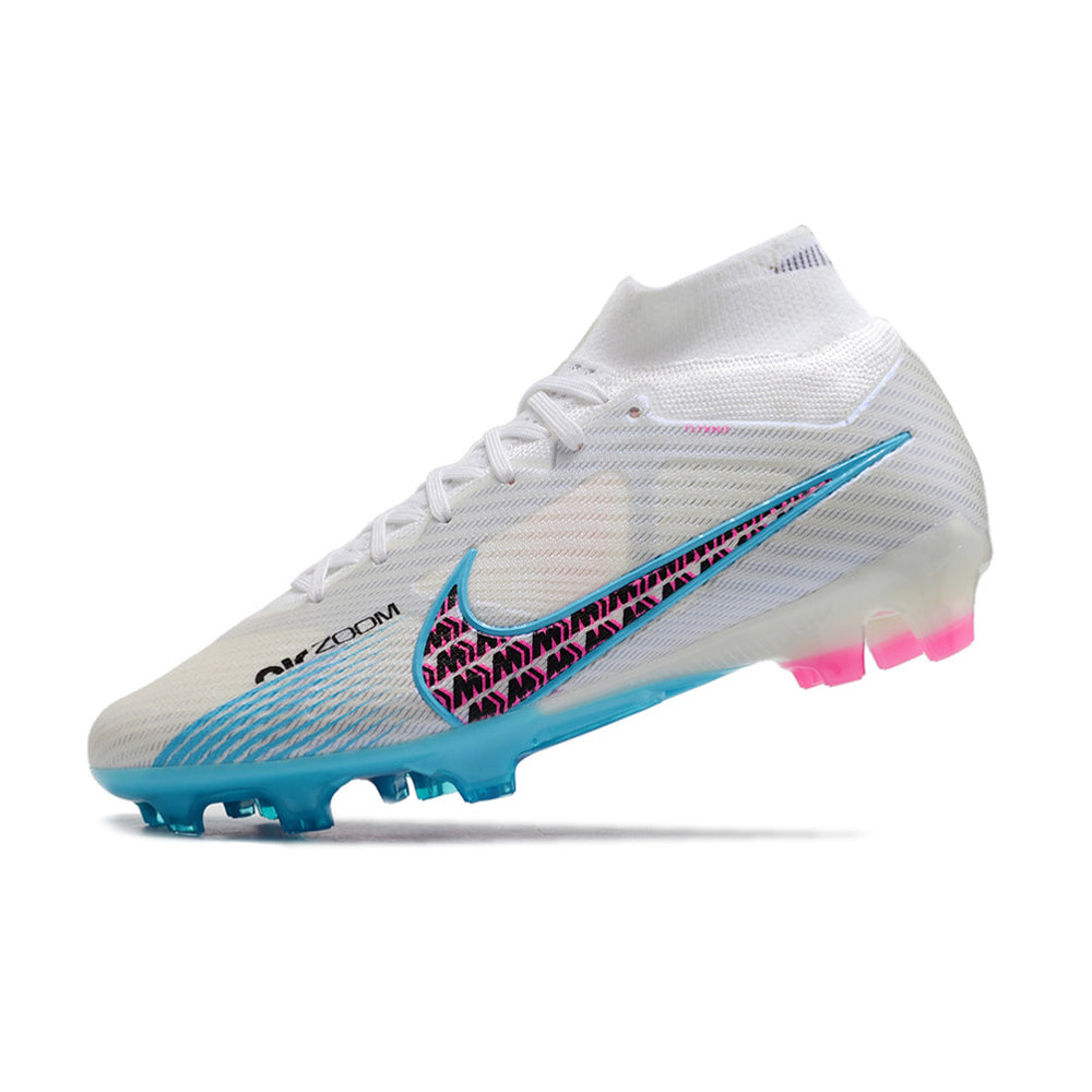 Chuteira Infantil Campo Nike Air Zoom Mercurial Superfly 9 Elite FG Branca e Azul 