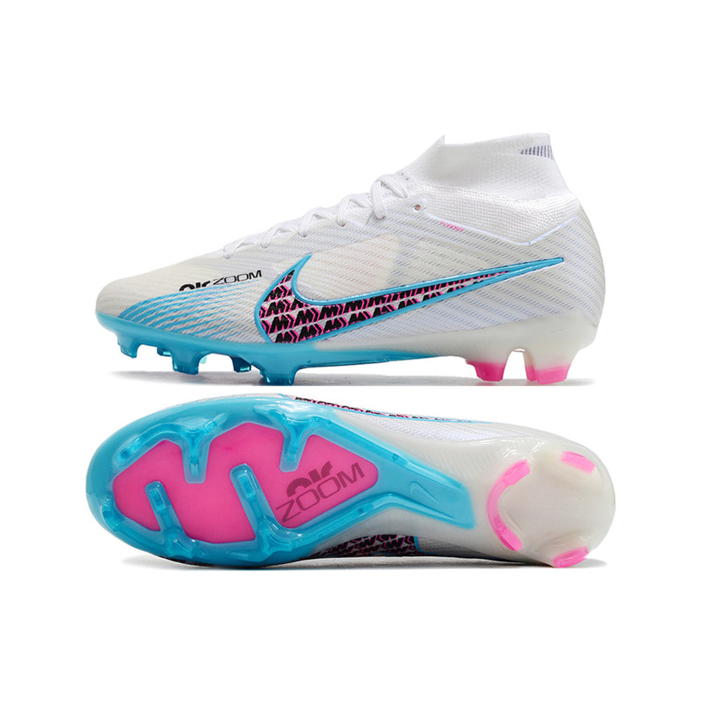 Chuteira Infantil Campo Nike Air Zoom Mercurial Superfly 9 Elite FG Branca e Azul 