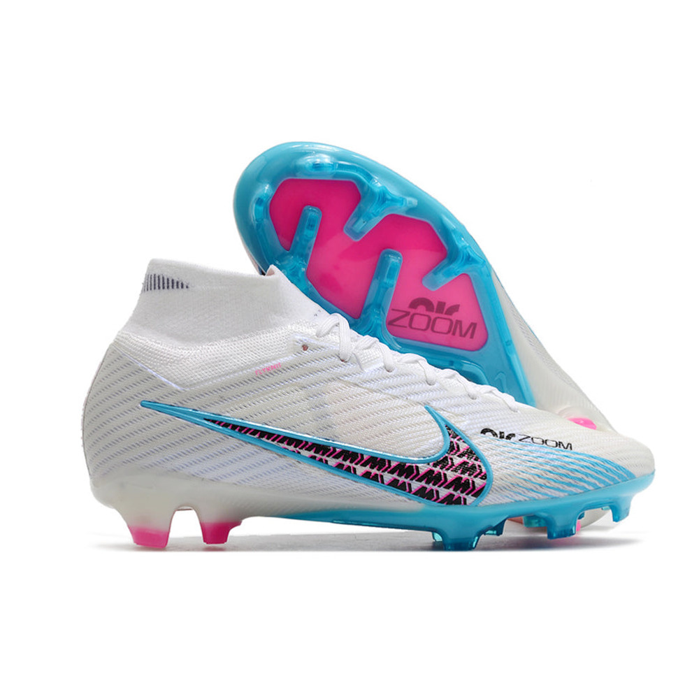 Chuteira Infantil Campo Nike Air Zoom Mercurial Superfly 9 Elite FG Branca e Azul 